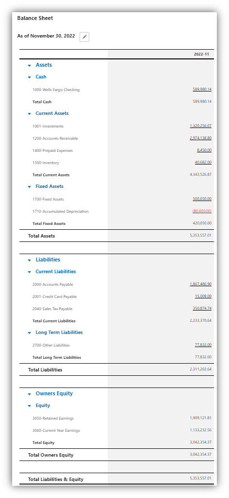 Accounting Seed Screenshot: Sample Balance Sheet